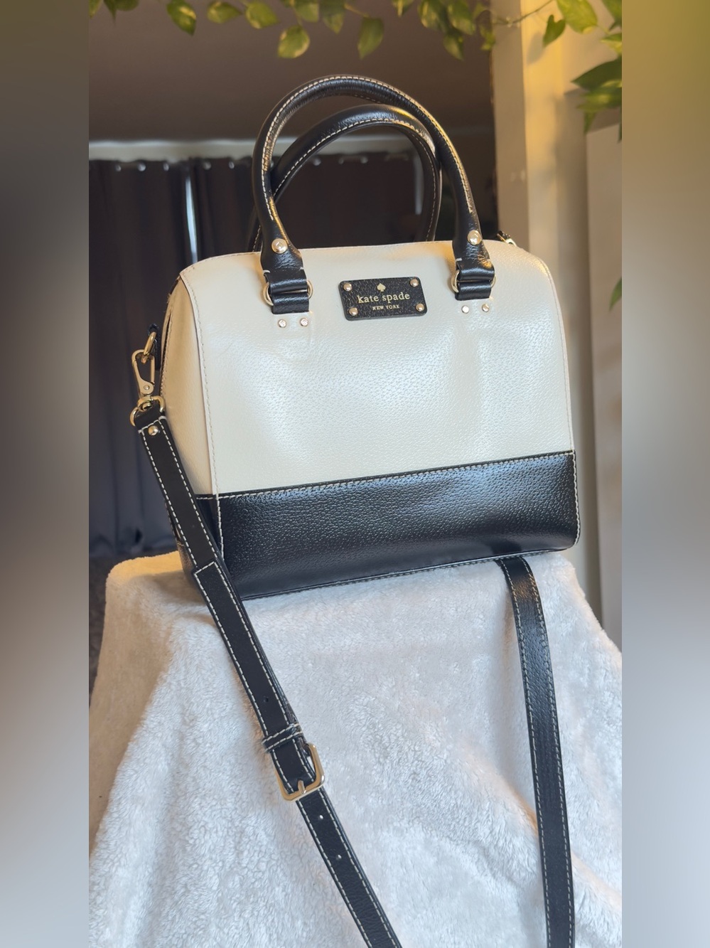 Kate Spade Wellesley Alessa Black Cream Leather Satchel Crossbody Bag MSRP $295